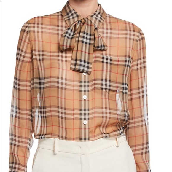 Burberry Tops - Burberry Vintage Check Chiffon Tie-Neck
